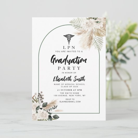 Boho Pampas en groen Verpleegkundig Afstudeerfeest Kaart (Staand voorkant)