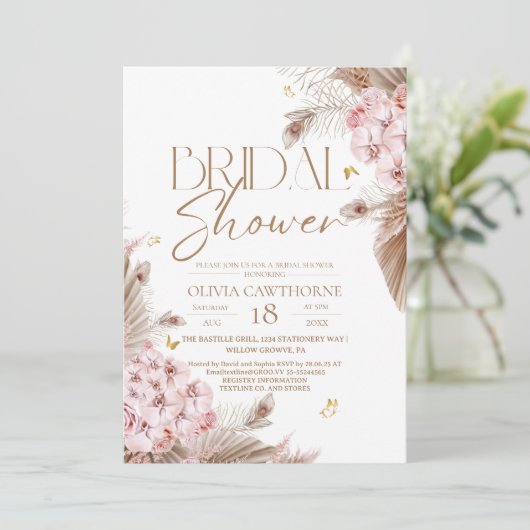 Boho Pampas en Orchideeën Bruiloftsfeest Uitnodigi Kaart (Staand voorkant)