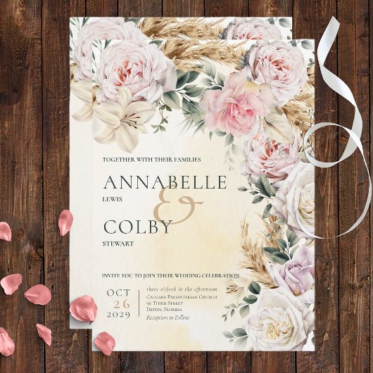 Boho Pampas en Roses Roses Cream Wedding Invitatio Kaart
