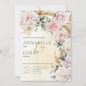 Boho Pampas en Roses Roses Cream Wedding Invitatio Kaart (Voorkant)