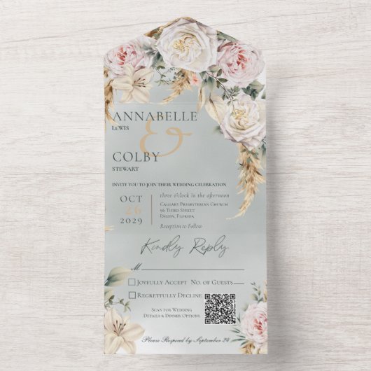 Boho Pampas en Roze Groene QR-code All In One Uitnodiging (Binnen)