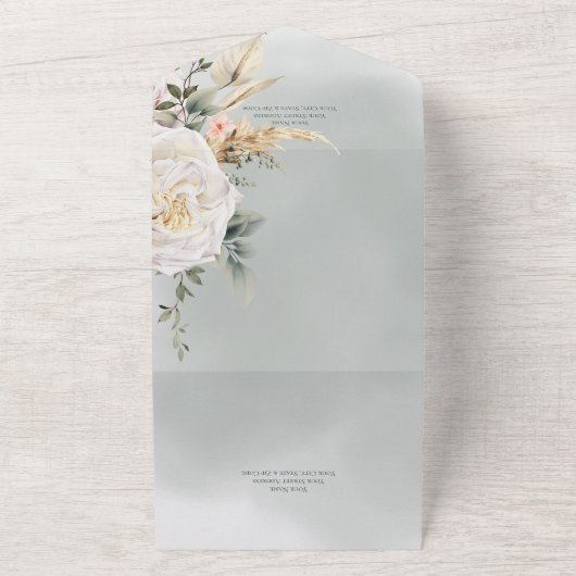 Boho Pampas en Roze Roses Green Dinner All In One Uitnodiging (Buitenkant)