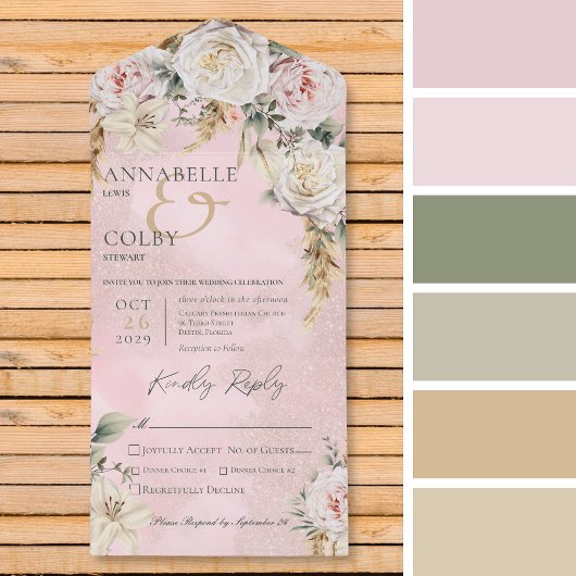 Boho Pampas en Roze Roses Roze Dinner All In One Uitnodiging