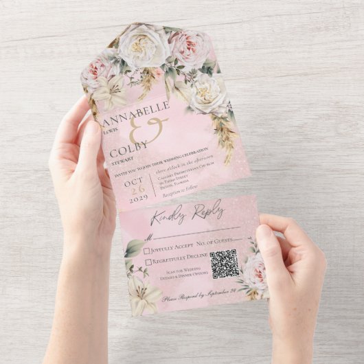 Boho Pampas en Roze Roses Roze QR-code All In One Uitnodiging (Afscheurbaar)