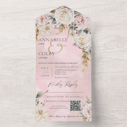 Boho Pampas en Roze Roses Roze QR-code All In One Uitnodiging (Binnen)