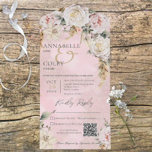 Boho Pampas en Roze Roses Roze QR-code All In One Uitnodiging