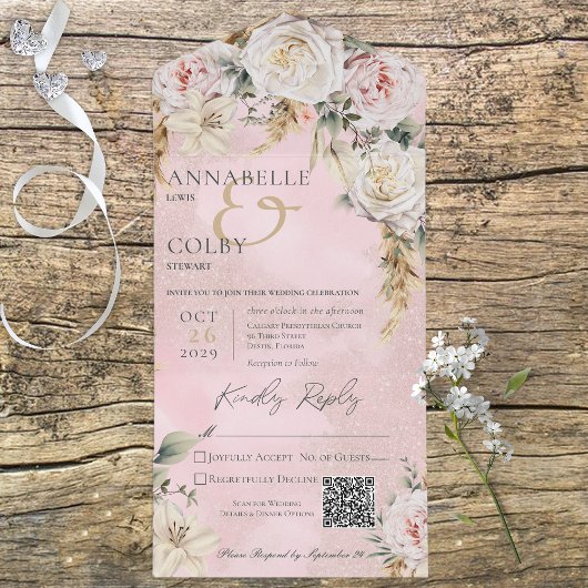 Boho Pampas en Roze Roses Roze QR-code All In One Uitnodiging