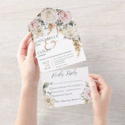 Boho Pampas en Roze Roses White Dinner All In One Uitnodiging (Afscheurbaar)