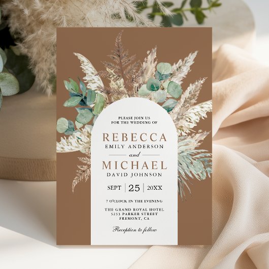Boho Pampas Eucalyptus Arch Beige Tan Wedding Kaart