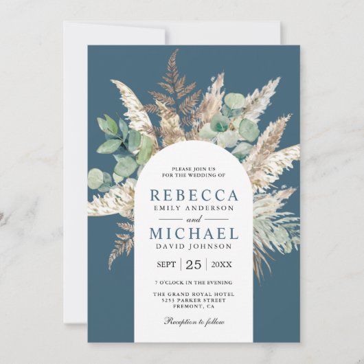 Boho Pampas Eucalyptus Arch Dusty Blue Wedding Kaart (Voorkant)