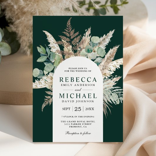 Boho Pampas Eucalyptus Arch Emerald Green Wedding Kaart