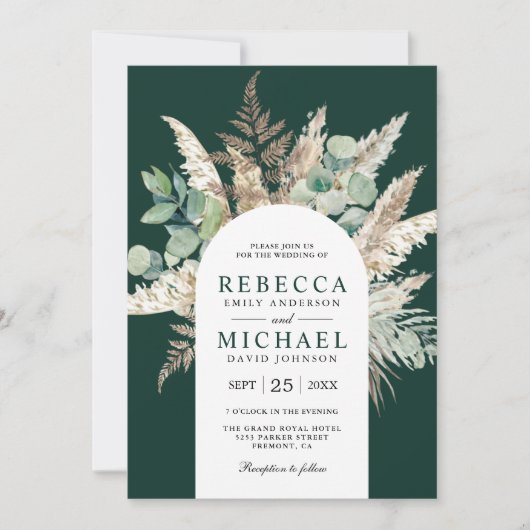Boho Pampas Eucalyptus Arch Emerald Green Wedding Kaart (Voorkant)