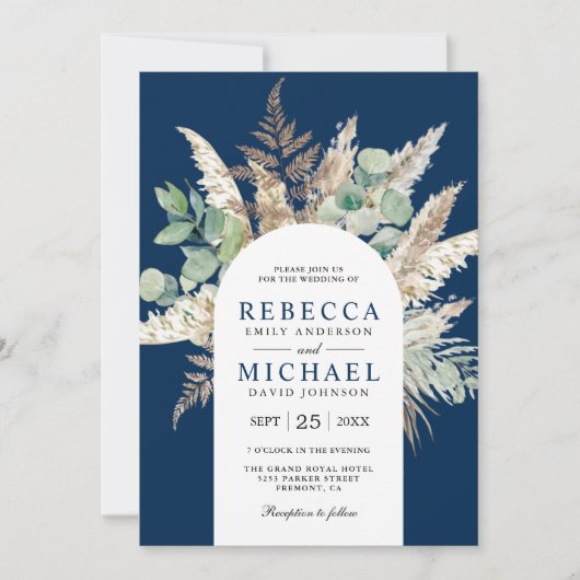 Boho Pampas Eucalyptus Arch Navy Blue Wedding Kaart (Voorkant)