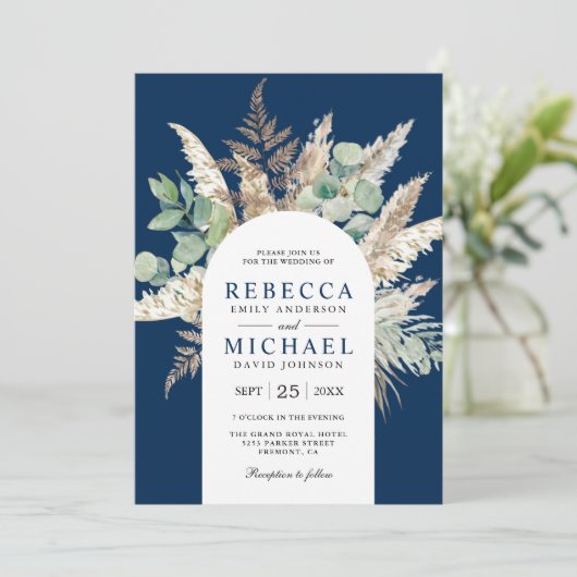 Boho Pampas Eucalyptus Arch Navy Blue Wedding Kaart (Staand voorkant)