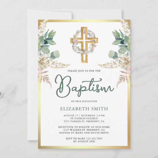 Boho Pampas Eucalyptus Gouden Doop Kaart (Voorkant)