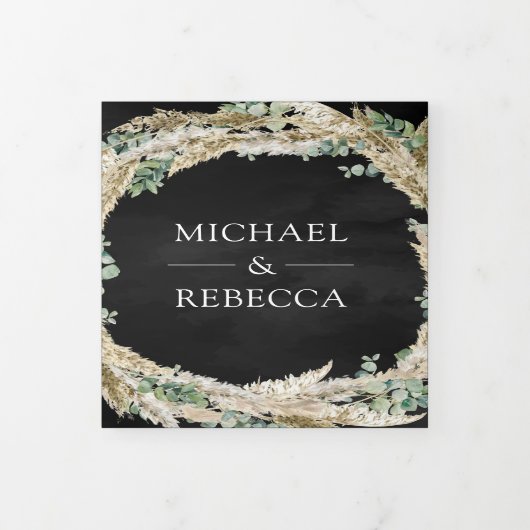 Boho Pampas Eucalyptus Wreath Black Wedding Drieluik Uitnodiging (Cover)