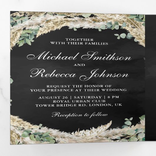 Boho Pampas Eucalyptus Wreath Black Wedding Drieluik Uitnodiging (Binnenzijde eerst)