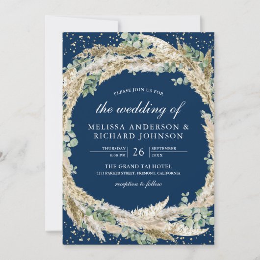Boho Pampas Eucalyptus Wreath Navy Blue Wedding Kaart (Voorkant)
