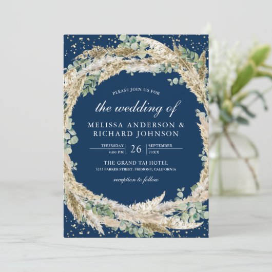 Boho Pampas Eucalyptus Wreath Navy Blue Wedding Kaart (Staand voorkant)
