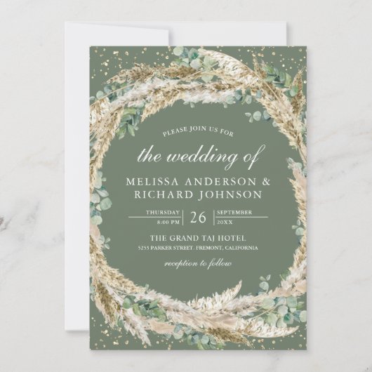 Boho Pampas Eucalyptus Wreath Sage Green Wedding Kaart (Voorkant)