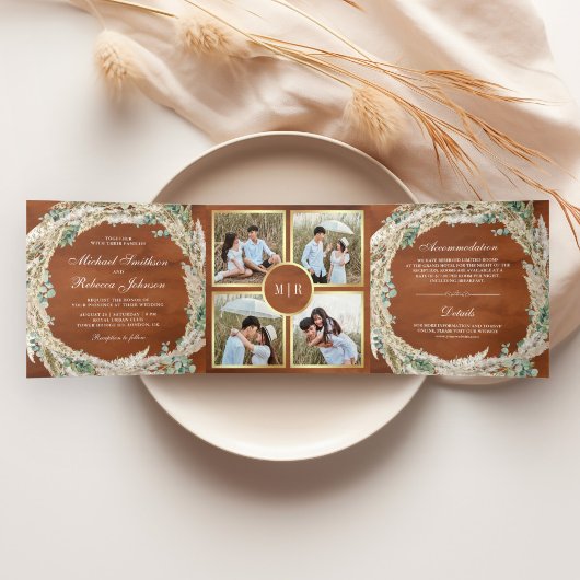 Boho Pampas Eucalyptus Wreath Terracotta Wedding Drieluik Uitnodiging