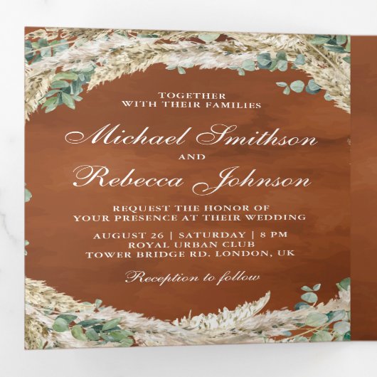 Boho Pampas Eucalyptus Wreath Terracotta Wedding Drieluik Uitnodiging (Binnenzijde eerst)