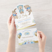 Boho Pampas Floral Blue Teddy Bear Baby shower All In One Uitnodiging (Afscheurbaar)