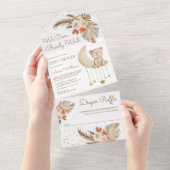 Boho Pampas Floral Moon Teddy Bear Baby shower All In One Uitnodiging (Afscheurbaar)