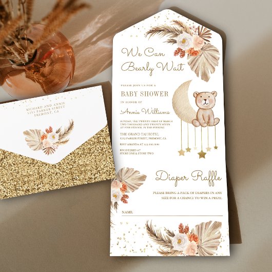 Boho Pampas Floral Moon Teddy Bear Baby shower All In One Uitnodiging
