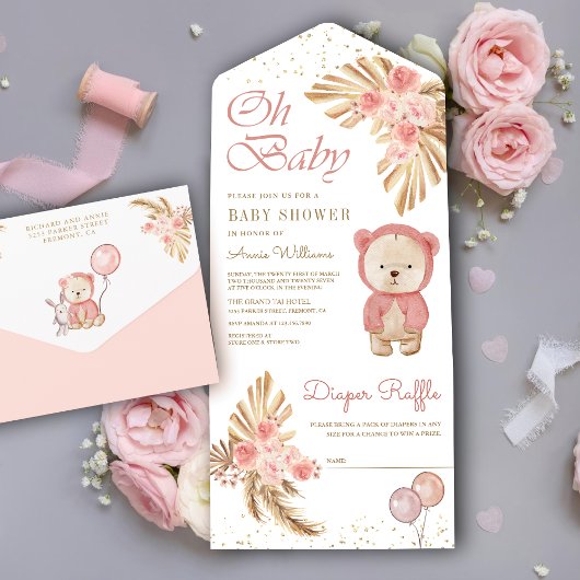 Boho Pampas Floral Pink Teddy Bear Baby shower All In One Uitnodiging
