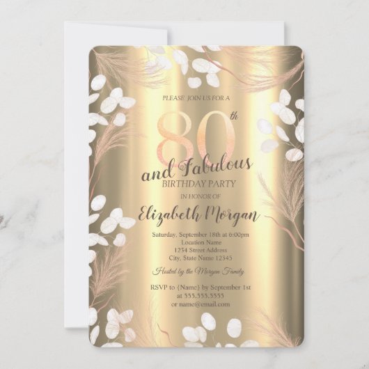 Boho Pampas Flowers Gold 80th Birthday  Kaart (Voorkant)