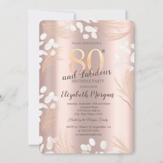 Boho Pampas Flowers Roos Gold 80ste verjaardag Kaart (Voorkant)