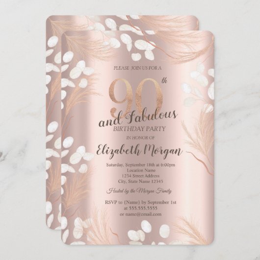 Boho Pampas Flowers Roos Goud 90e Verjaardag Kaart (Voorkant / Achterkant)