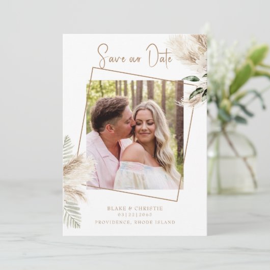 Boho Pampas gebladerte foto bruiloft Save The Date (Staand voorkant)
