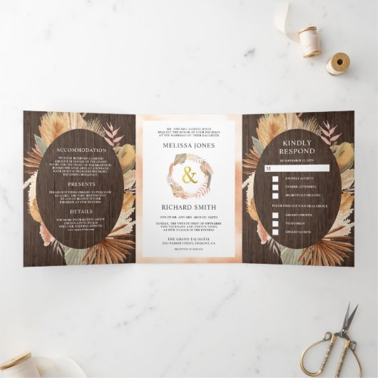 Boho Pampas Gedroogd Palmhout Alles in één bruilof Drieluik Uitnodiging (Binnen)