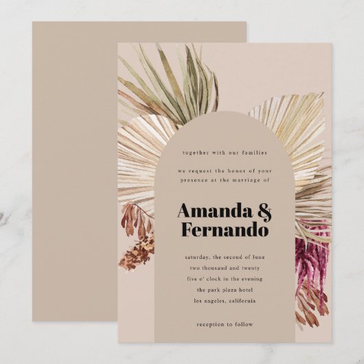 Boho Pampas Gedroogde Bladeren Woestijnboog Huweli Kaart (Voorkant / Achterkant)