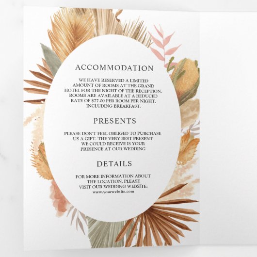 Boho Pampas Gedroogde Palm Alles in een bruiloft Drieluik Uitnodiging (Binnenzijde eerst)