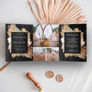Boho Pampas Gedroogde Palm Foto Collage Zwart Brui Drieluik Uitnodiging