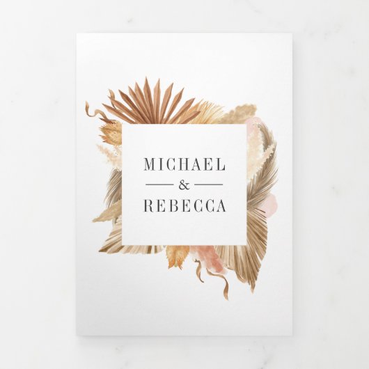 Boho Pampas Gedroogde Palm Fotocollage Bruiloft Drieluik Uitnodiging (Cover)