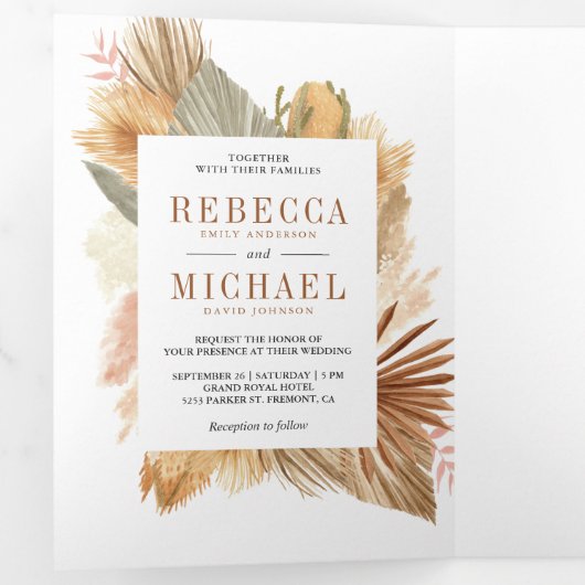 Boho Pampas Gedroogde Palm Fotocollage Bruiloft Drieluik Uitnodiging (Binnenzijde eerst)