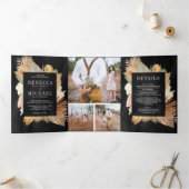 Boho Pampas Gedroogde Palm Fotocollage Zwart Bruil Drieluik Uitnodiging (Binnen)