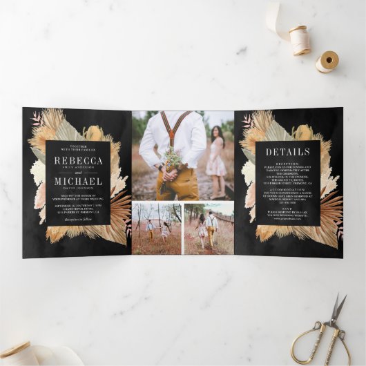 Boho Pampas Gedroogde Palm Fotocollage Zwart Bruil Drieluik Uitnodiging (Binnen)
