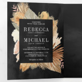 Boho Pampas Gedroogde Palm Fotocollage Zwart Bruil Drieluik Uitnodiging (Binnenzijde eerst)