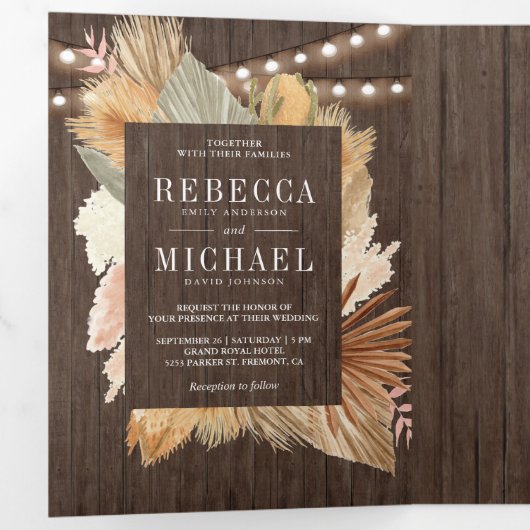 Boho Pampas Gedroogde Palm Wood Foto Collage Bruil Drieluik Uitnodiging (Binnenzijde eerst)