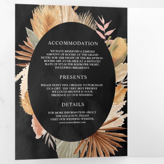 Boho Pampas Gedroogde Palm Zwart Alles in een brui Drieluik Uitnodiging (Binnenzijde eerst)