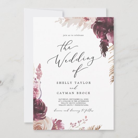 Boho Pampas graast all in one bruiloft Kaart (Voorkant)