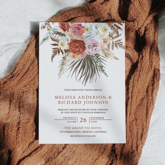 Boho Pampas Gras Aardse Bloem Terracotta Bruiloft Kaart