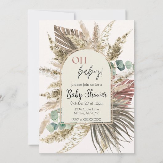 Boho Pampas Gras Baby Shower Uitnodiging | Neutraa (Voorkant)