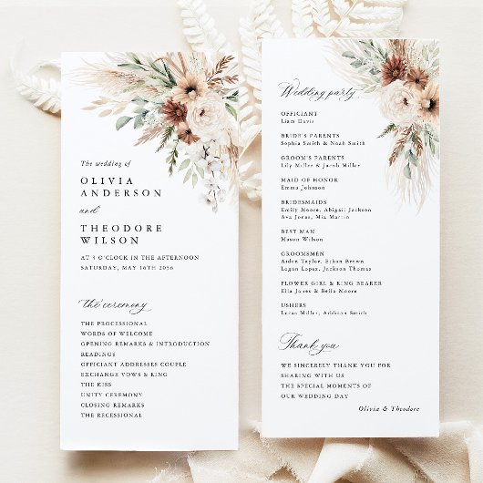 Boho Pampas Gras Bloemachtige Trouwceremonie Programmakaart