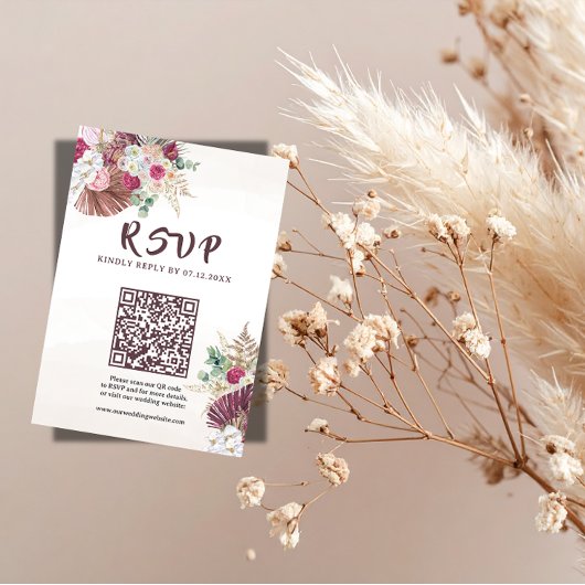 Boho Pampas Gras Bloemen Bruiloft RSVP QR Code  Kaartje